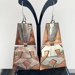 Vintage Mayan man Aztec long pierced Earrings in copper and silver tones